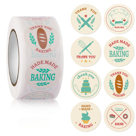 HA225 | 1" Hand Made Baking Thank You Round Sticker | 8 Style - 500 Pcs (1 Roll)