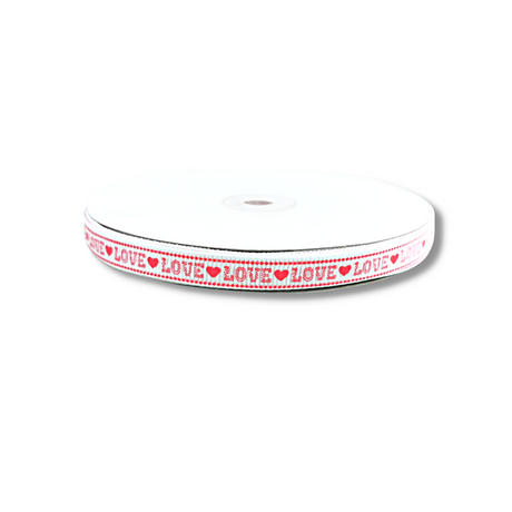 0.39" Love With Red Heart White Fabric Ribbon | 50 Yards - 1 Roll