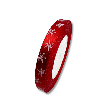 0.39" Merry Christmas Snowflake Red Fabric Ribbon | 24 Yards - 1 Roll