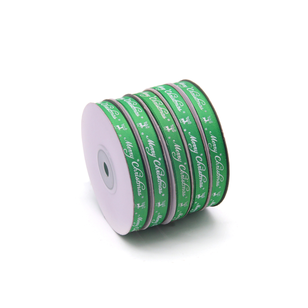 0.39" Merry Christmas With Moose Green Fabric Ribbon | 24 Yards 