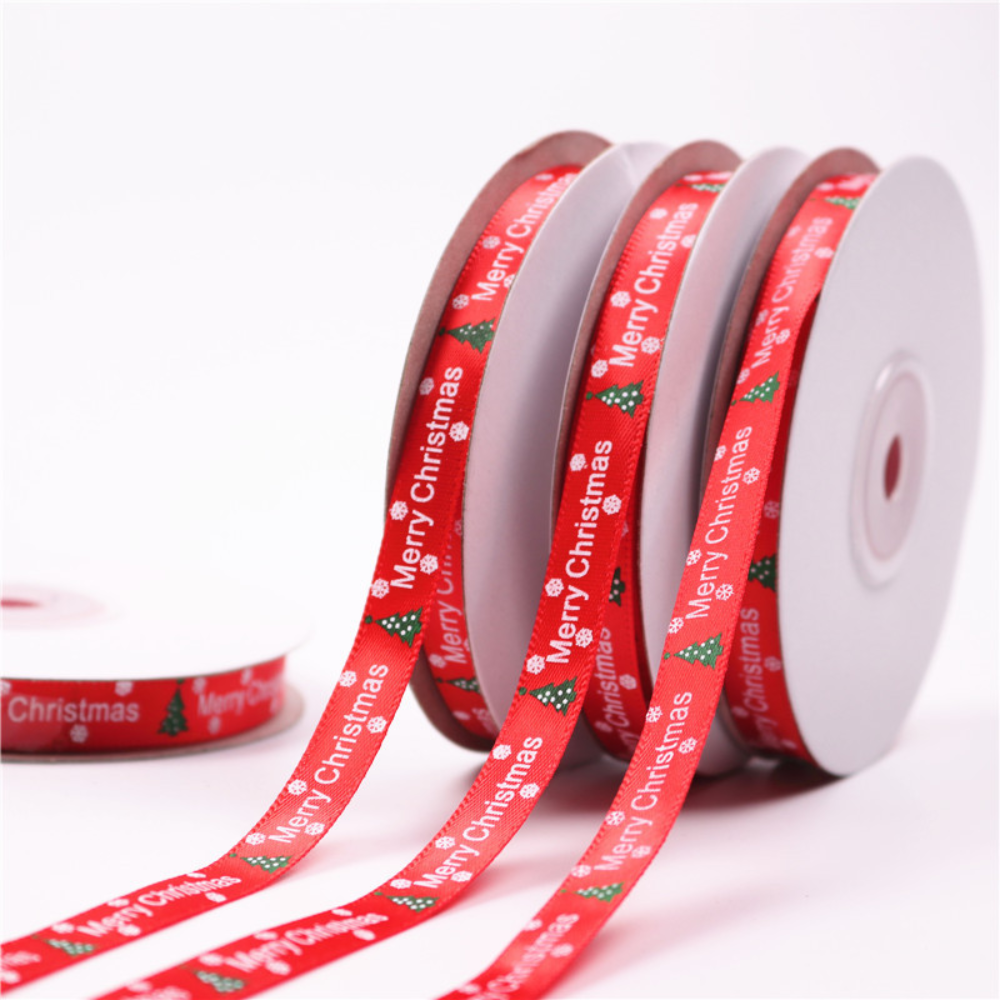 0.39" Merry Christmas With X'mas Tree Red Fabric Ribbon | 10 Yards - open