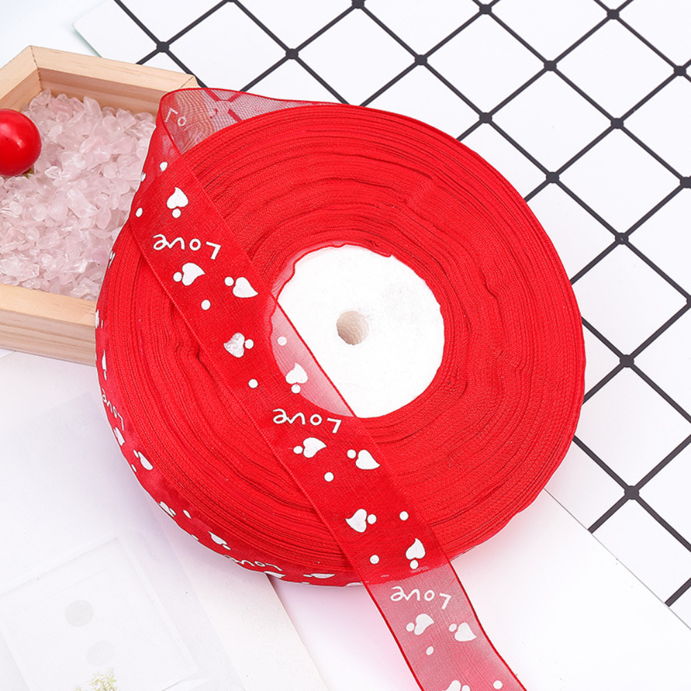 0.79" Love With Heart Red Fabric Ribbon | 50 Yards - open