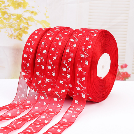 0.79" Love With Heart Red Fabric Ribbon | 50 Yards - 1 Roll