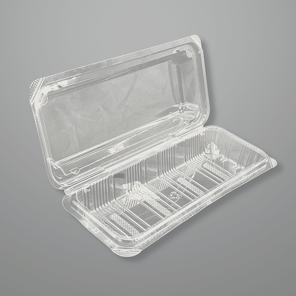 #02 SSC-6B | Clear PET Rectangular Hinged Sushi Container | 8.9x3.78x2" - open
