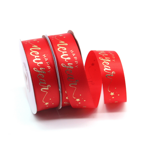 1" Happy New Year Red Fabric Ribbon | 24 Yards - 1 Roll