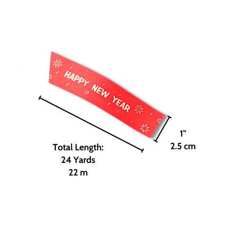 1" Happy New Year With Firecrackers Red Fabric Ribbon | 24 Yards - size