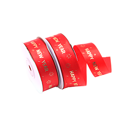 1" Happy New Year With Firecrackers Red Fabric Ribbon | 24 Yards - 1 Roll