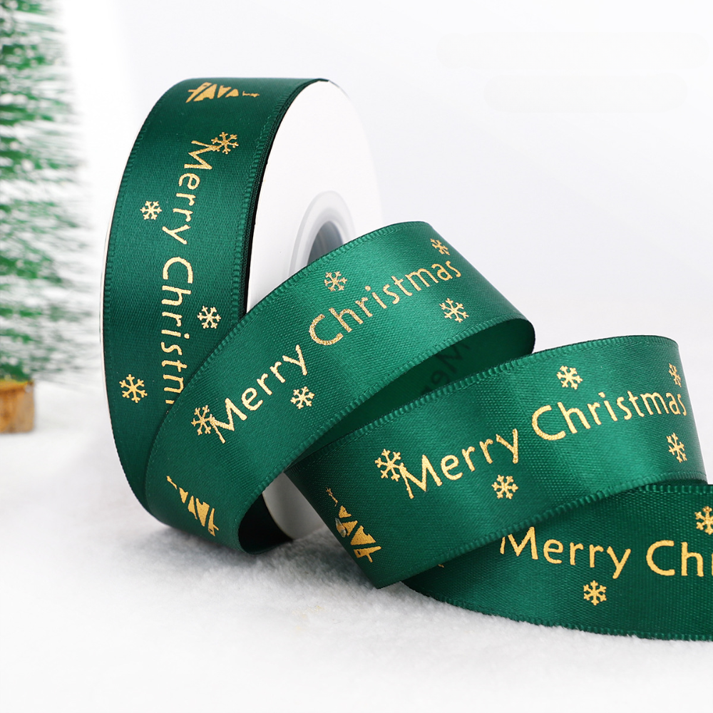 1" Merry Christmas Green Fabric Ribbon | 24 Yards - 1 Roll