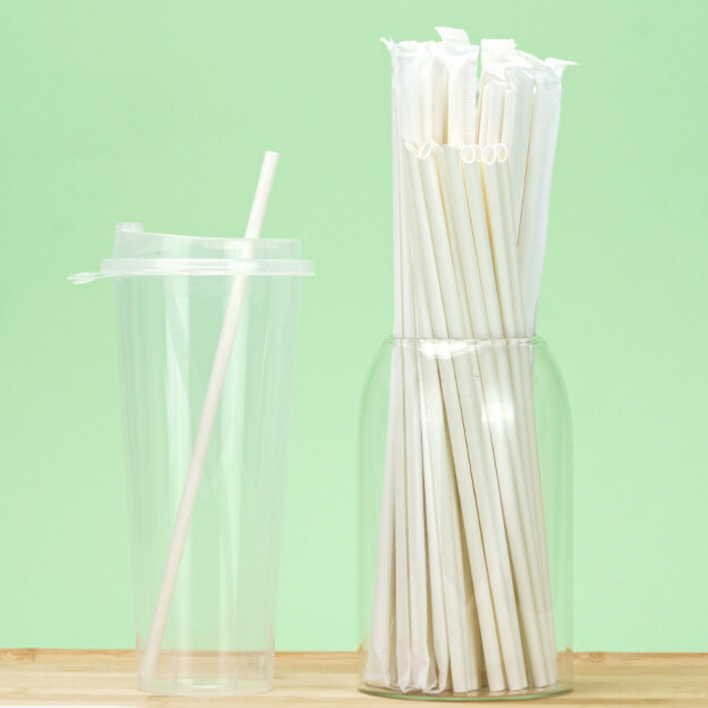 6x210mm Eco-friendly Diagonal Cut White Paper Straw (Individually Wrapped) - 5000 Pcs
