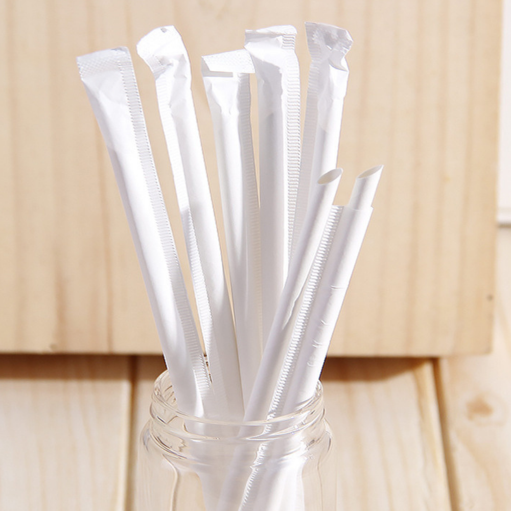 6x210mm Diagonal Cut White Paper Straw (Individually Wrapped) - 5000 Pcs