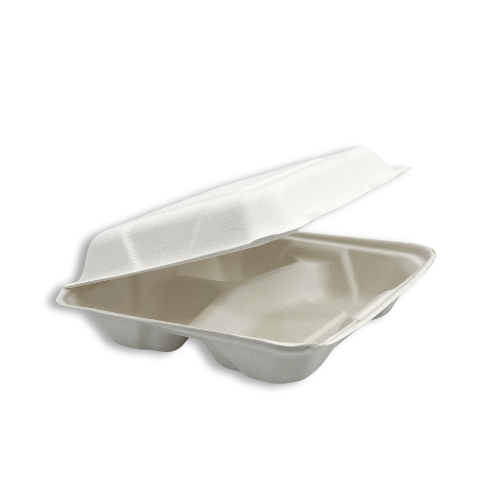#83 | Sugarcane Square Clamshell Food Container | 8x8x2.5" | 3 Compartment - 200 Pcs
