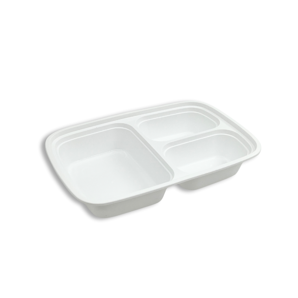 F-96326 | TD 32oz Microwaveable PP White Rectangular Container W/ Lid | 3 Compartment - 150 Sets