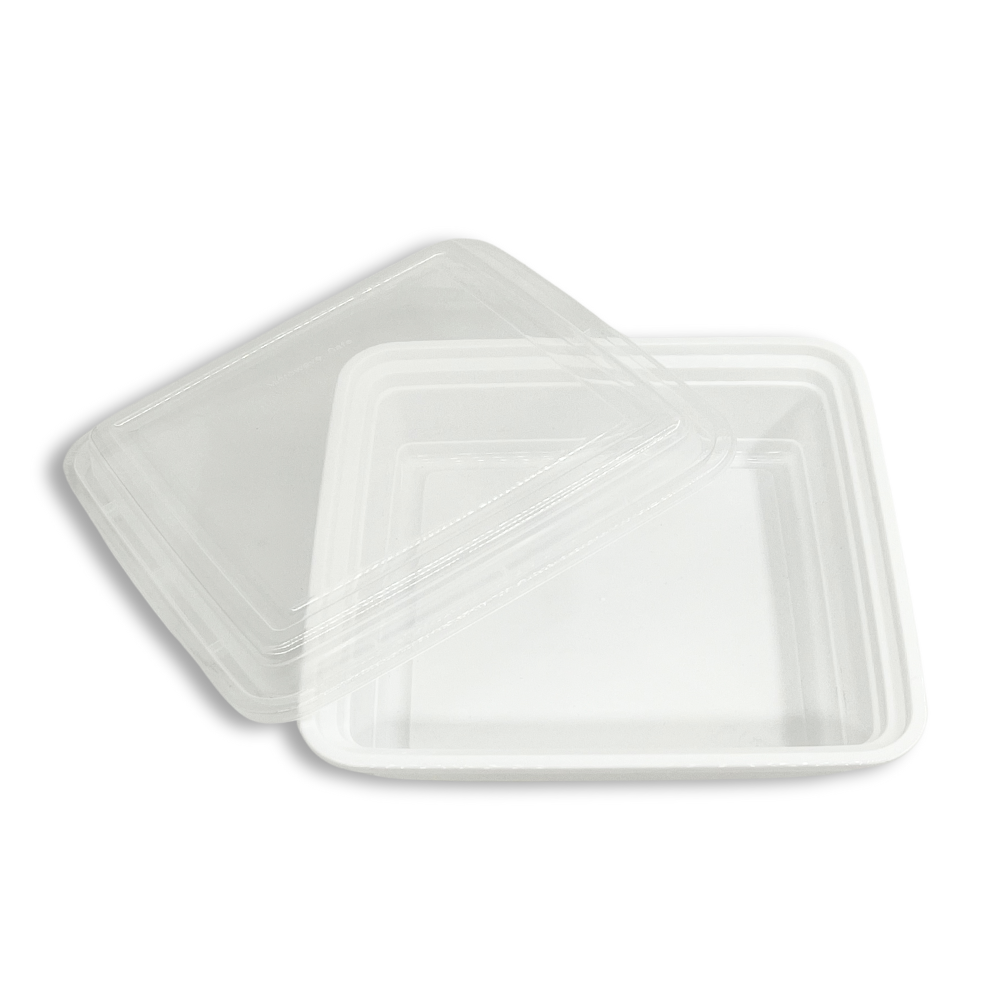 RE-48 | HD 48oz Microwaveable PP White Square Container W/ Lid - 150 Sets