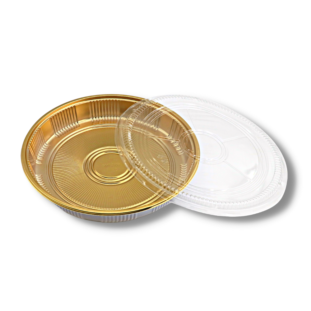 #63 PET | 13" Golden Round Sushi Party Tray W/ Lid - open