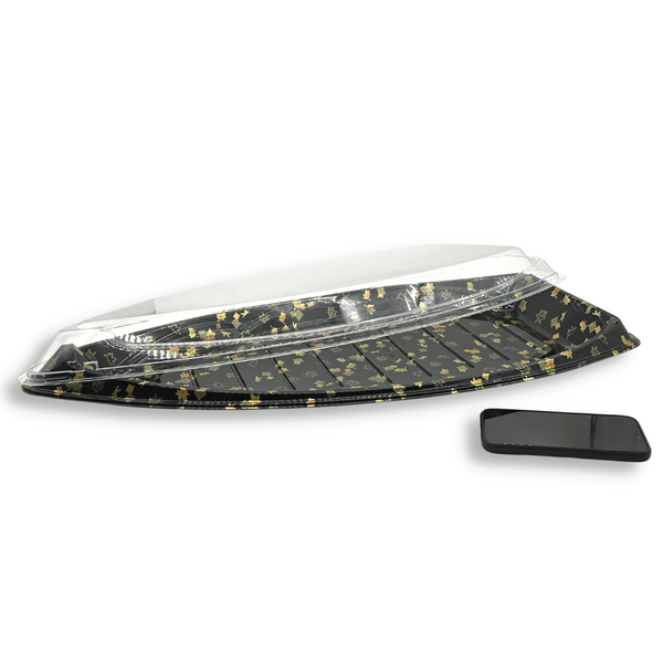 #7105 | Black Maple Pattern Boat Sushi Tray W/ Lid | 23.43x8x2.9