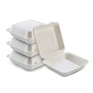 (21% OFF SALE) B026H | Eco-friendly Sugarcane Square Clam Shell Food Container | 8x8x3