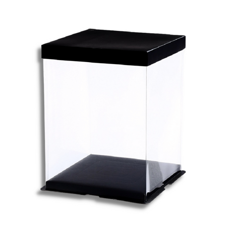 8" 2 Tier Plastic Clear Cake Box w/Black Board and Lid - 1 Sets-front