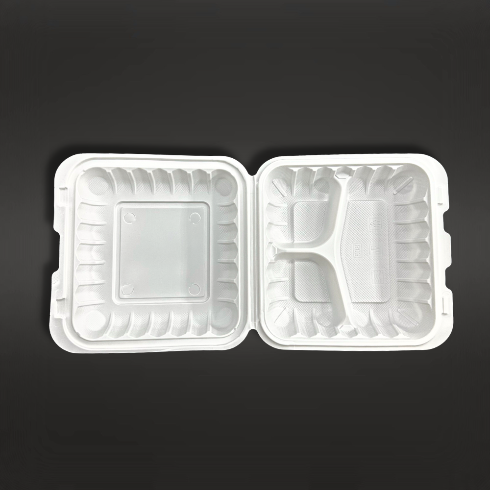 #83 W/ Hole | 3 Compartment Microwavable PP Square Clamshell Food Container W/ Hole | 8x8x3"-open
