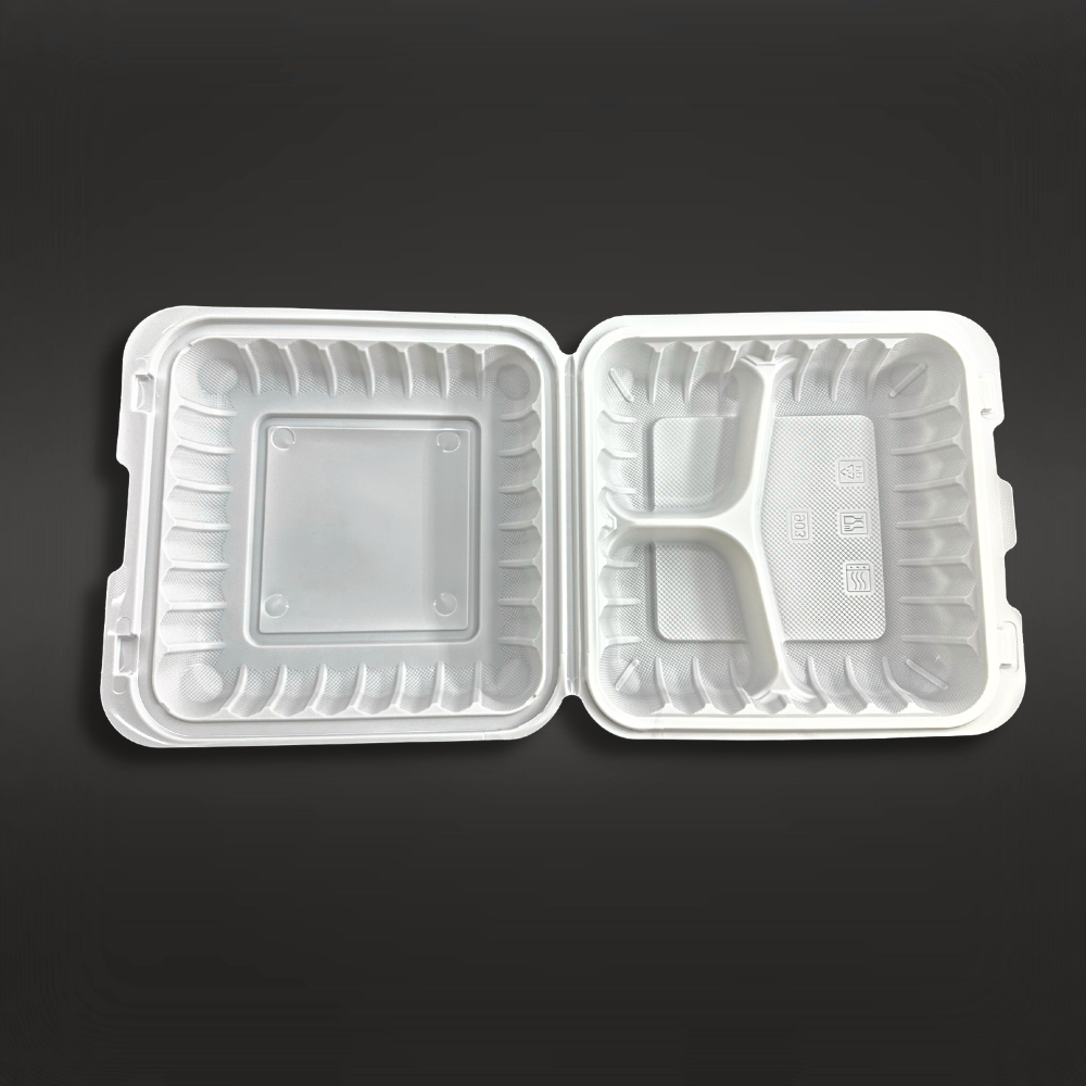 #93 W/ Hole | 3 Compartment Microwavable PP Square Clamshell Food Container W/ Hole | 9x9x3" - open