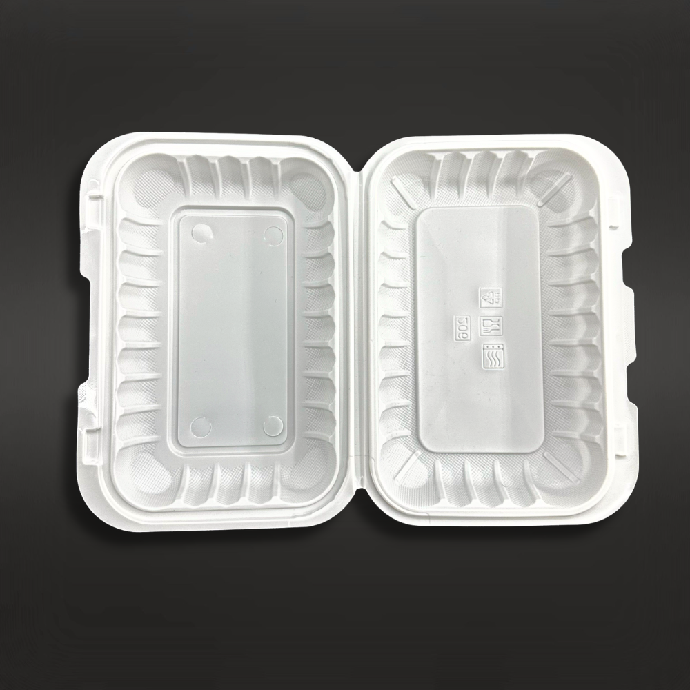 #96 W/ Hole | Microwavable PP White Rectangular Clamshell Food Container W/ Hole | 9x6x2.6" - open