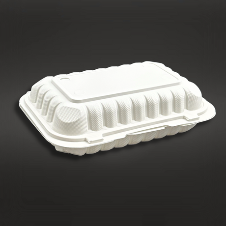 #96 W/ Hole | Microwavable PP White Rectangular Clamshell Food Container W/ Hole | 9x6x2.6"