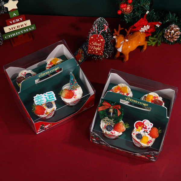 Christmas Green 4 Cupcake Box W/ Handle & Window & Insert | 7.09x7.09x3.74