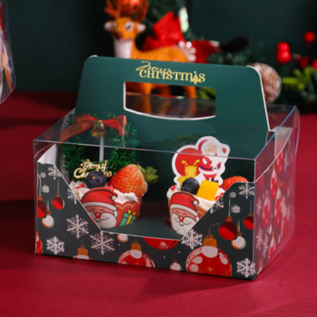 Christmas Green 4 Cupcake Box W/ Handle & Window & Insert | 7.09x7.09x3.74" - With Cupcakes