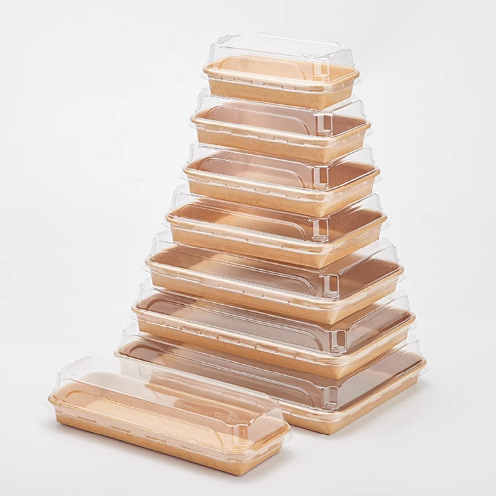 Eco-friendly Kraft Paper Sushi Tray W/ Plastic Lid - Whole Series