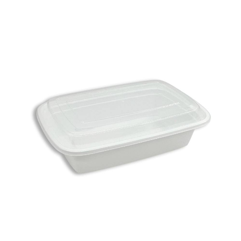 F-9638 | TD 38oz Microwaveable PP White Rectangular Container W/ Lid - 150 Sets