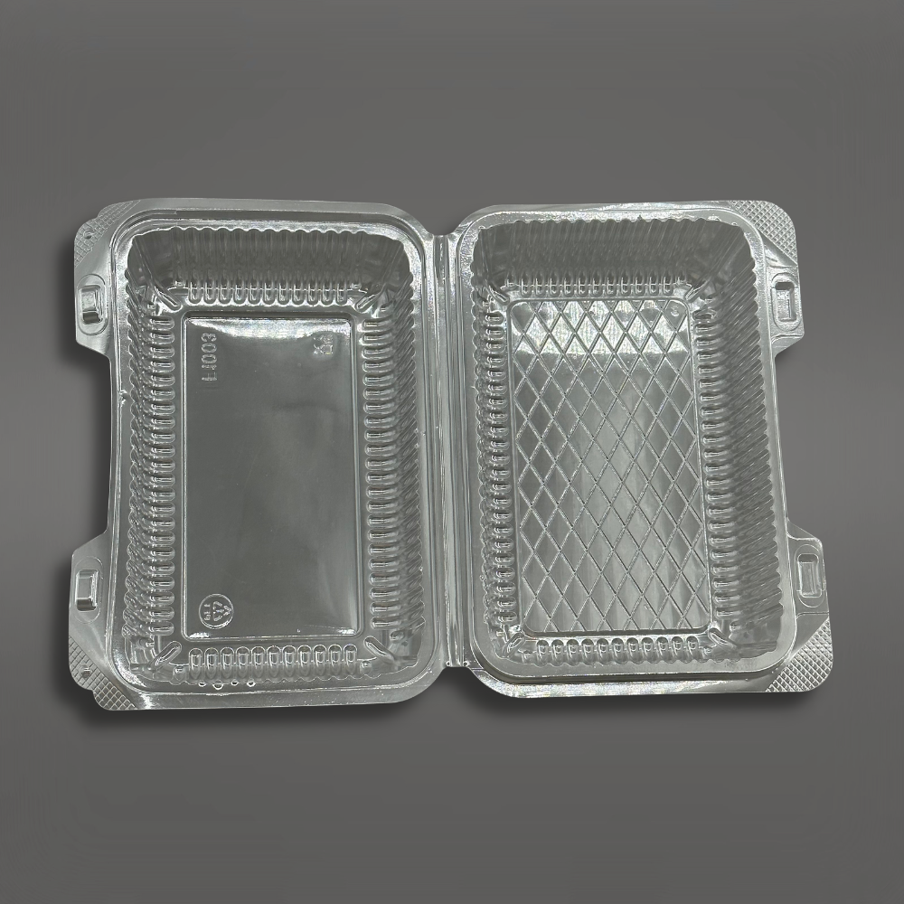 F1003 | Clear Rectangular Hinged Container | 8.43x6.1x3.74" - open