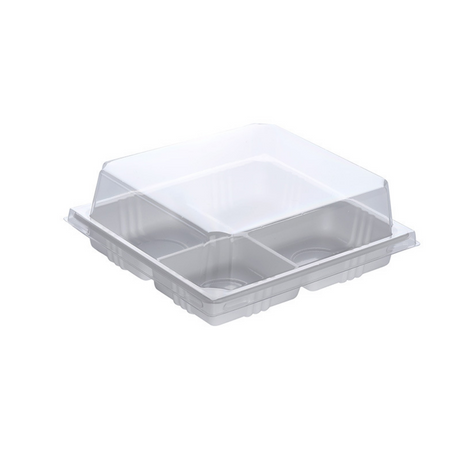 FG136 | 4 Compartment Plastic Mini Cake White Box W/ Clear Anti-Fog Lid | 4.84x4.84x1.77" - 300 Sets