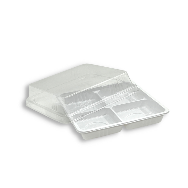 FG136 | 4 Compartment Plastic Mini Cake White Box W/ Clear Anti-Fog Lid | 4.84x4.84x1.77
