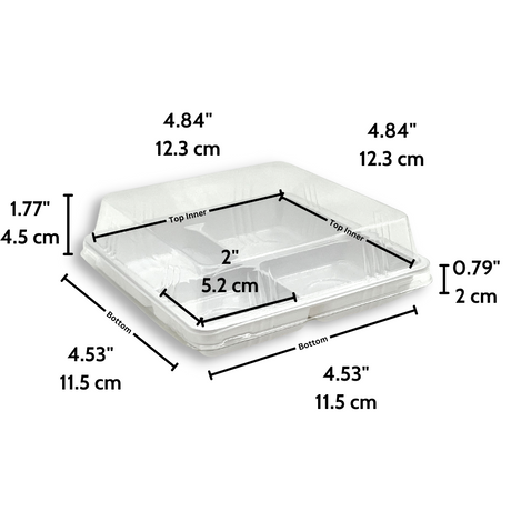 FG136 | 4 Compartment Plastic Mini Cake White Box W/ Clear Anti-Fog Lid | 4.84x4.84x1.77" - size