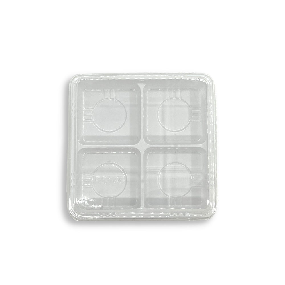 FG136 | 4 Compartment Plastic Mini Cake White Box W/ Clear Anti-Fog Lid | 4.84x4.84x1.77" - top