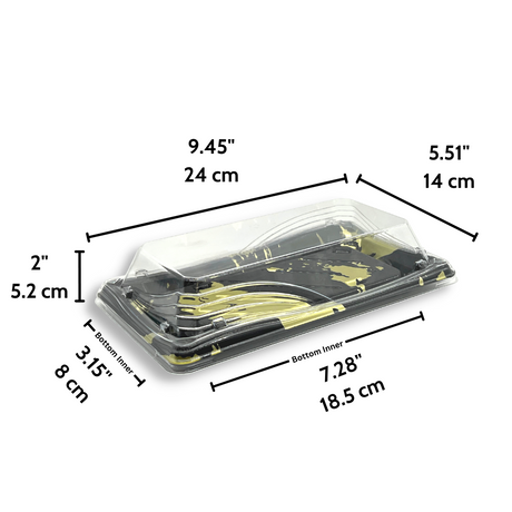 FS-810710 | Black Golden Sushi Tray W/ Clear Lid | 9.45x5.51x2" - size