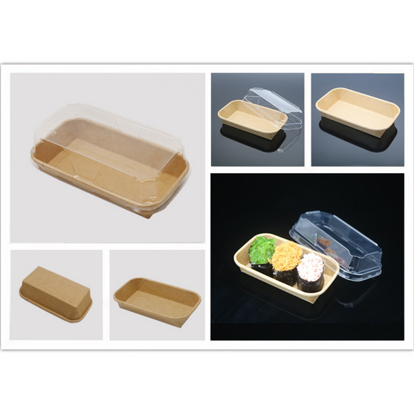 HD-1100 | Eco-friendly Kraft Paper Sushi Tray W/ Plastic Lid | 5.52x3.15x1.89