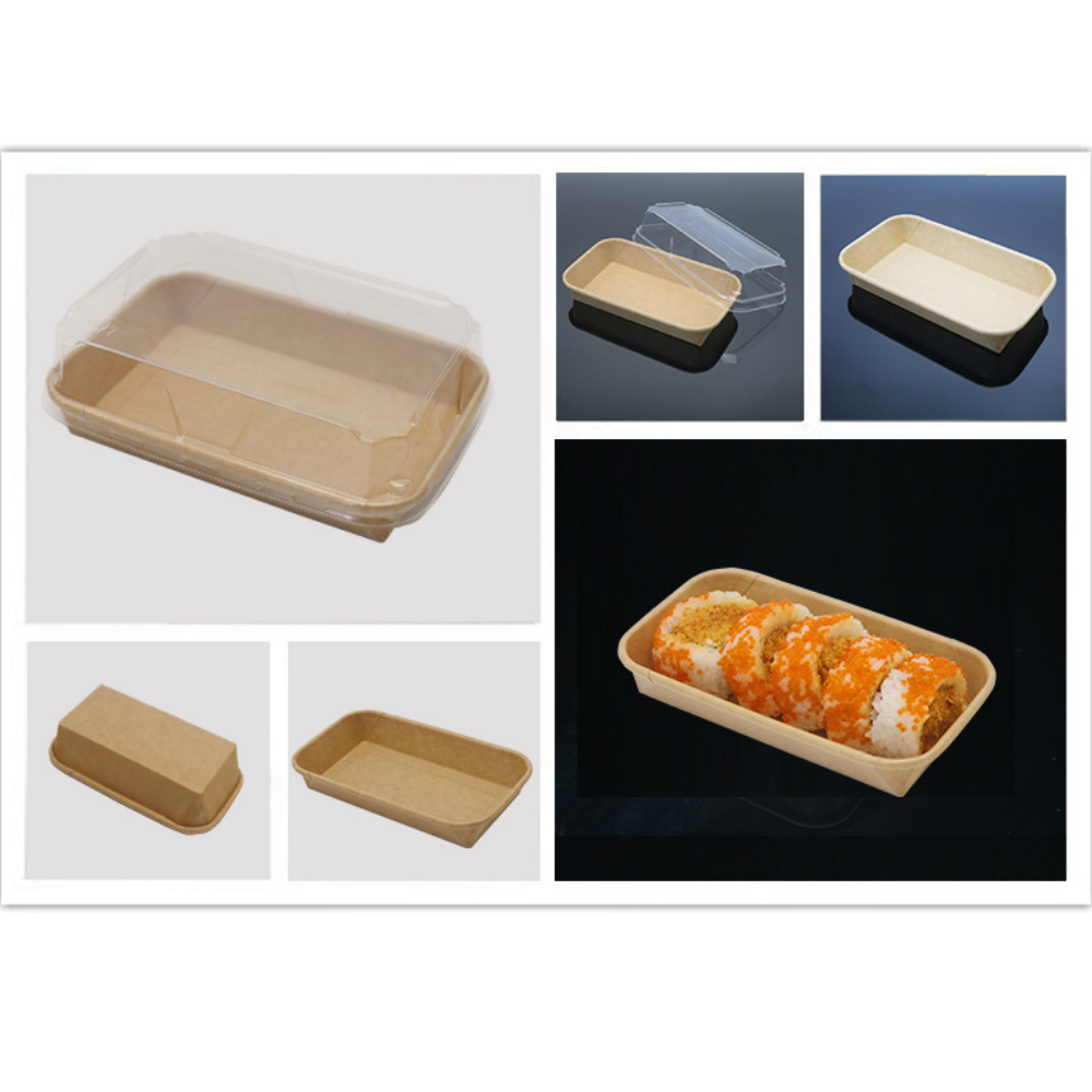 HD-1101 | Eco-friendly Kraft Paper Sushi Tray W/ Plastic Lid | 6.3x3.54x1.89" - With Food