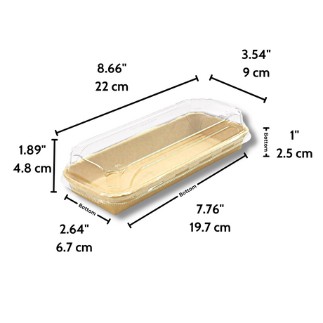 HD-1102 | Eco-friendly Kraft Paper Sushi Tray W/ Plastic Lid | 8.66x3.54x1.89" - size