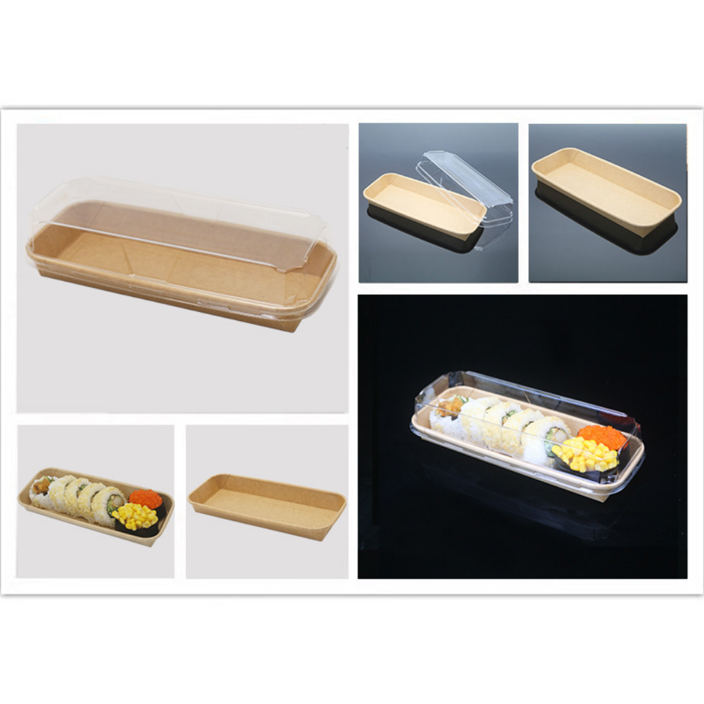 HD-1102 | Eco-friendly Kraft Paper Sushi Tray W/ Plastic Lid | 8.66x3.54x1.89" - with food