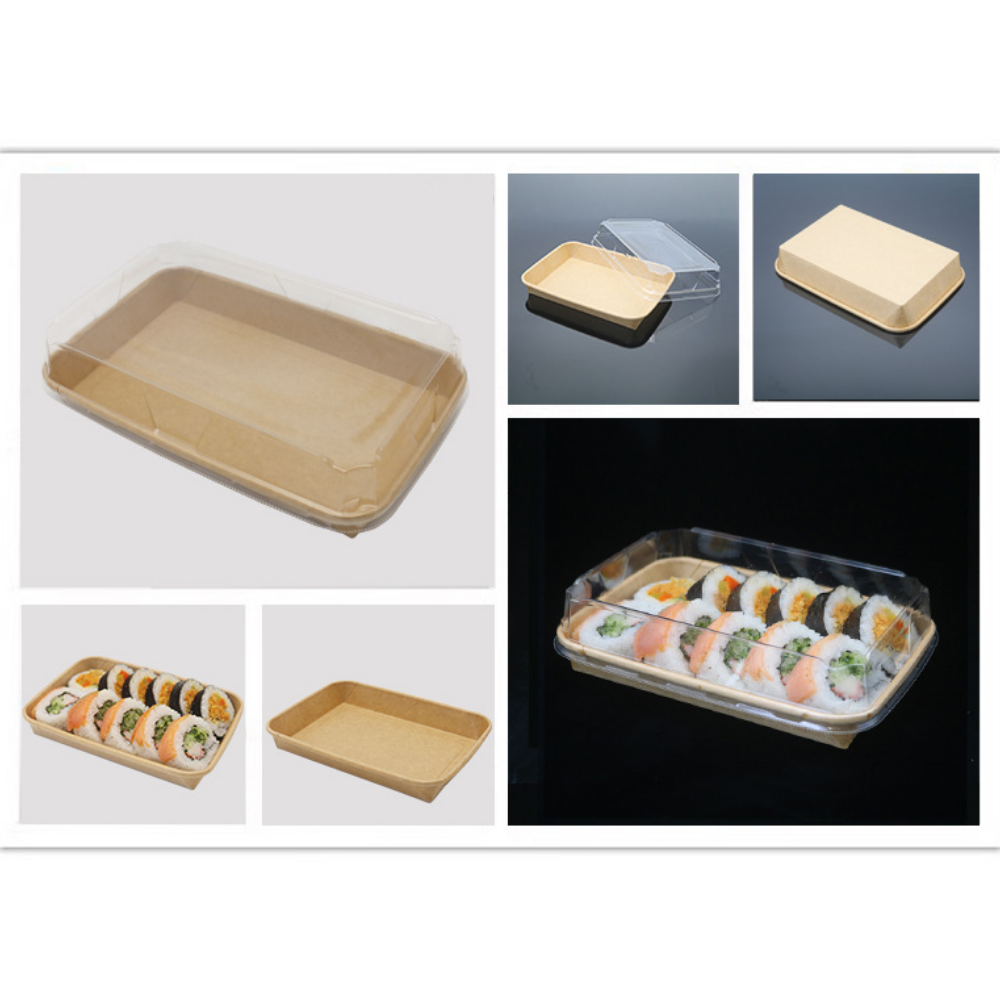 HD-1105 | Eco-friendly Kraft Paper Sushi Tray W/ Plastic Lid | 7.28x5.12x1.89" - With Food