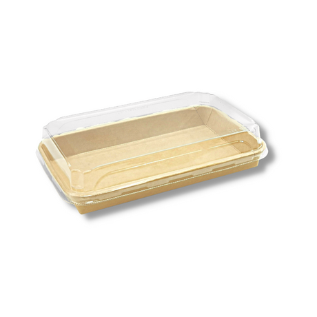 HD-1107 | Eco-friendly Kraft Paper Sushi Tray W/ Plastic Lid | 8.74x5.5x1.89" - 200 Sets