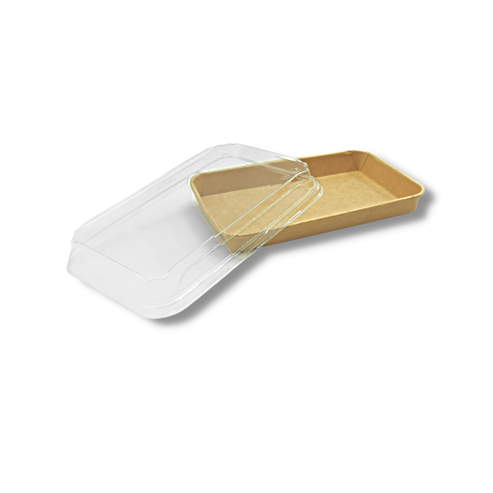 HD-1107 | Eco-friendly Kraft Paper Sushi Tray W/ Plastic Lid | 8.74x5.5x1.89" - open