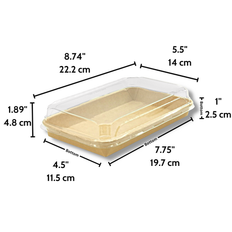 HD-1107 | Eco-friendly Kraft Paper Sushi Tray W/ Plastic Lid | 8.74x5.5x1.89" - size