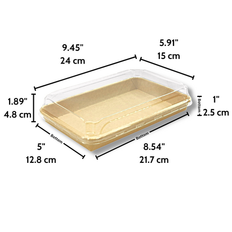 HD-1109 | Eco-friendly Kraft Paper Sushi Tray W/ Plastic Lid | 9.45x5.91x1.89" - size