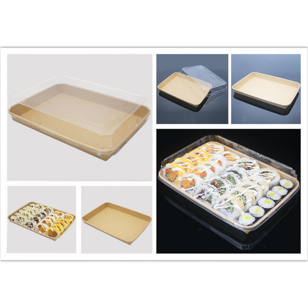 HD-1111 | Eco-friendly Kraft Paper Sushi Tray W/ Plastic Lid | 10.24x7.09x1.89" - with food