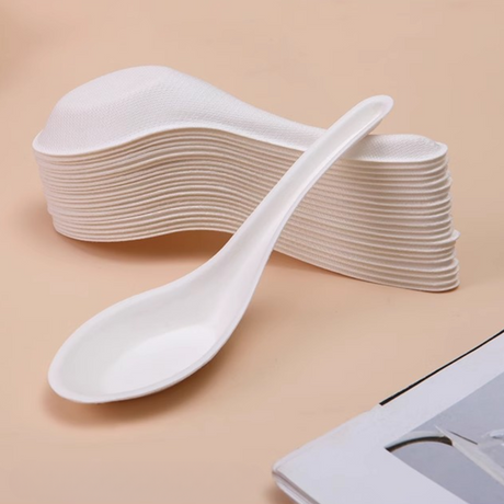 HD-CCS56 | 5.63" Compostable Sugarcane Asian Soup Spoon - on the table