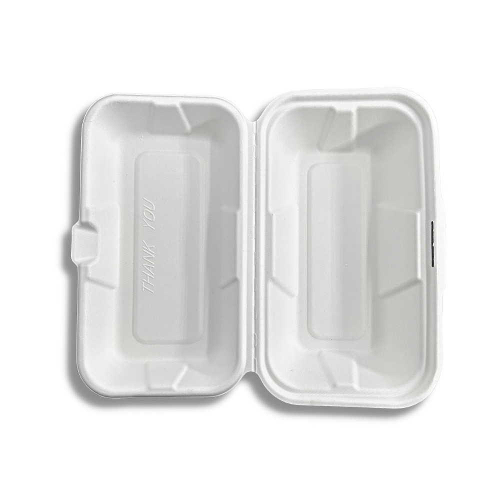 HD-CCS95 | Sugarcane Rectangular Clamshell Food Container | 7.87x4.13x2.56" - open from top