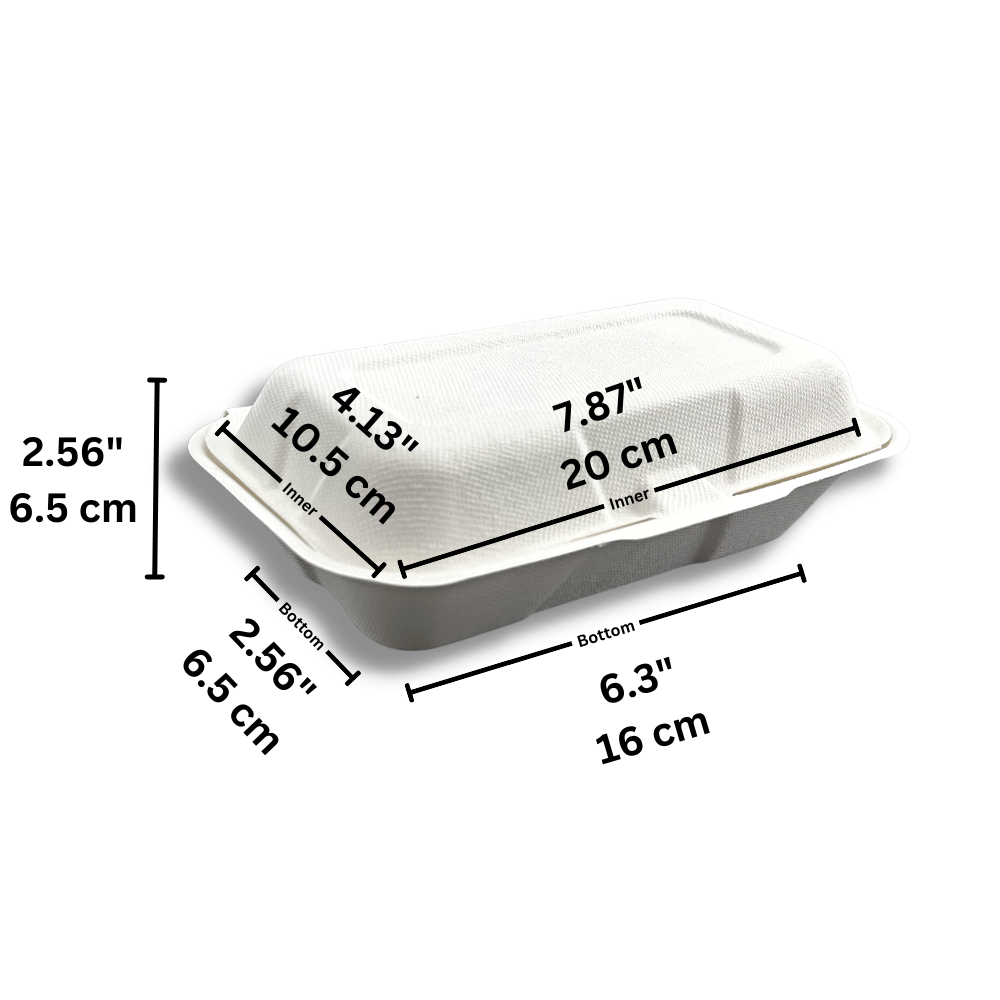 HD-CCS95 | Sugarcane Rectangular Clamshell Food Container | 7.87x4.13x2.56" - size