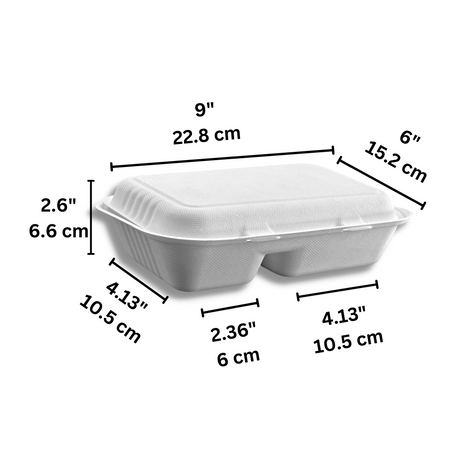 HD-CCS96-2 | 32oz Eco-friendly Sugarcane Rectangular Clamshell Food Container | 9x6x2.6" | 2 Compartment - size