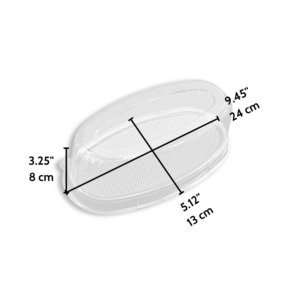 HG202  Clear Oval Cheese Cake Container W Lid  9.45x5.12x3.25 - Size